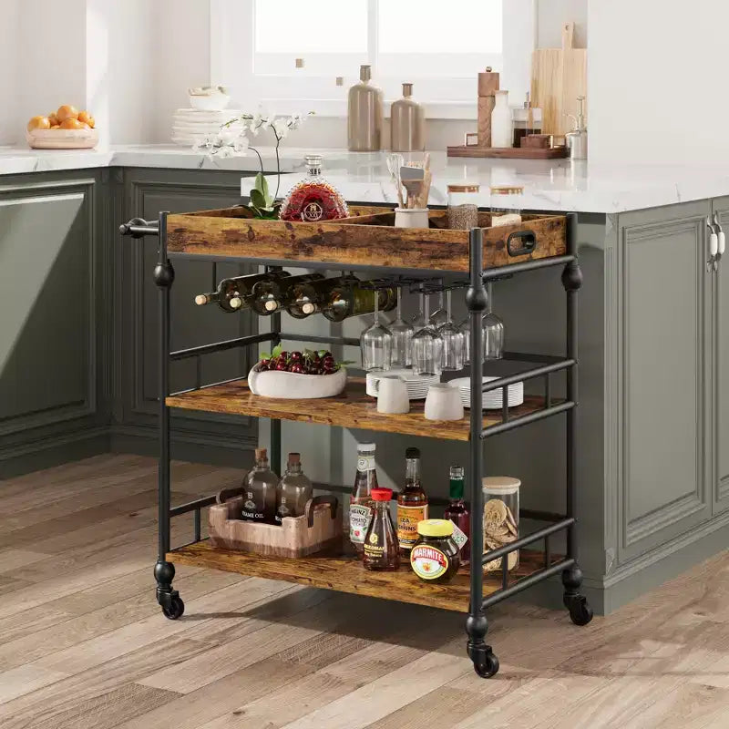 Carrello Bar, Carrelli Bar per la Casa, Carrello di Servizio a 3 Livelli con Ruote, Carrello in Metallo con Portabottiglie e Vassoio Rimovibile per Cucina, Sala da Pranzo