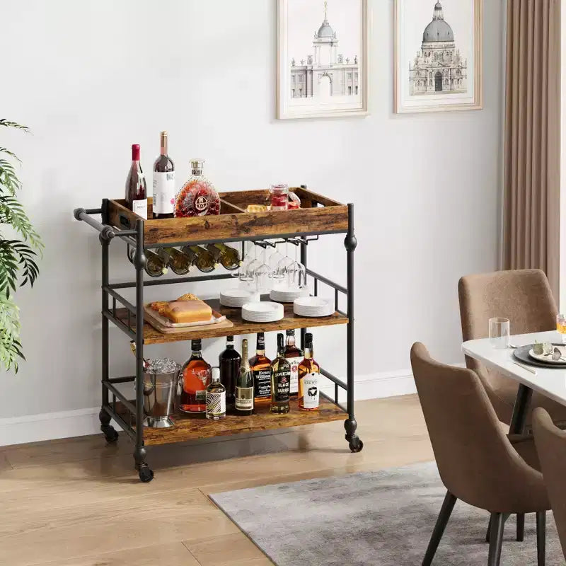 Carrello Bar, Carrelli Bar per la Casa, Carrello di Servizio a 3 Livelli con Ruote, Carrello in Metallo con Portabottiglie e Vassoio Rimovibile per Cucina, Sala da Pranzo