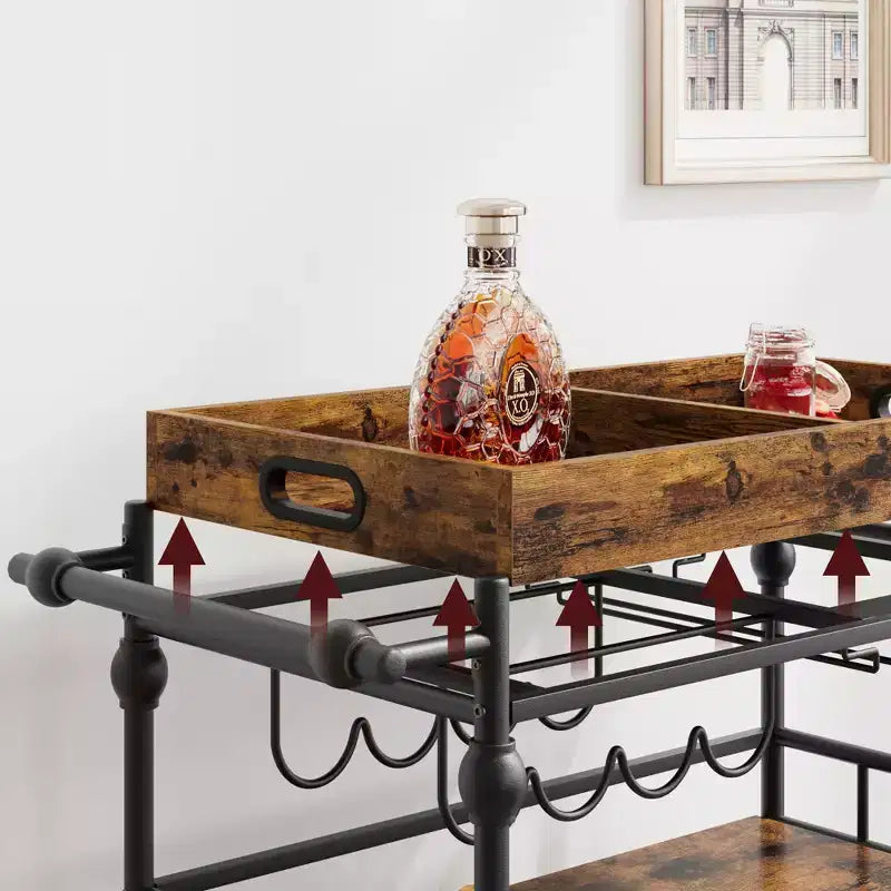 Carrello Bar, Carrelli Bar per la Casa, Carrello di Servizio a 3 Livelli con Ruote, Carrello in Metallo con Portabottiglie e Vassoio Rimovibile per Cucina, Sala da Pranzo