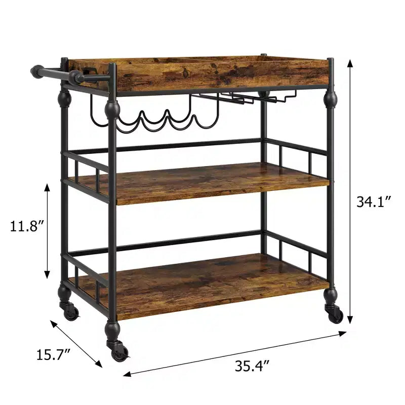 Carrello Bar, Carrelli Bar per la Casa, Carrello di Servizio a 3 Livelli con Ruote, Carrello in Metallo con Portabottiglie e Vassoio Rimovibile per Cucina, Sala da Pranzo