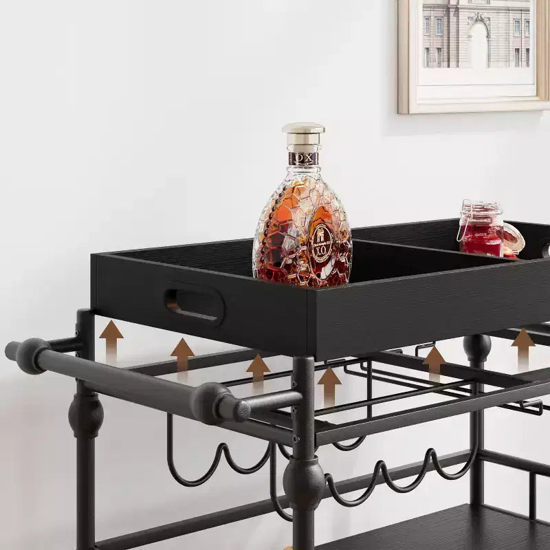 Carrello Bar, Carrelli Bar per la Casa, Carrello di Servizio a 3 Livelli con Ruote, Carrello in Metallo con Portabottiglie e Vassoio Rimovibile per Cucina, Sala da Pranzo