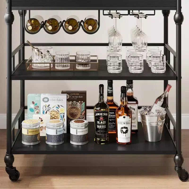 Carrello Bar, Carrelli Bar per la Casa, Carrello di Servizio a 3 Livelli con Ruote, Carrello in Metallo con Portabottiglie e Vassoio Rimovibile per Cucina, Sala da Pranzo