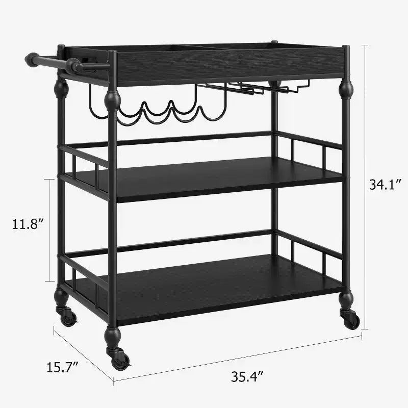 Carrello Bar, Carrelli Bar per la Casa, Carrello di Servizio a 3 Livelli con Ruote, Carrello in Metallo con Portabottiglie e Vassoio Rimovibile per Cucina, Sala da Pranzo