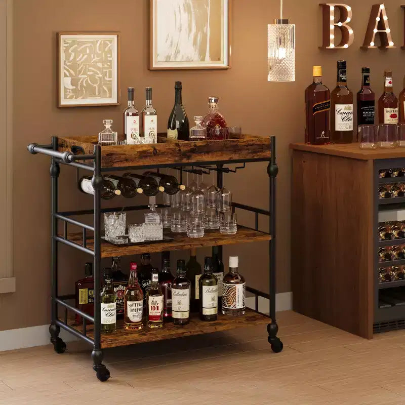 Carrello Bar, Carrelli Bar per la Casa, Carrello di Servizio a 3 Livelli con Ruote, Carrello in Metallo con Portabottiglie e Vassoio Rimovibile per Cucina, Sala da Pranzo